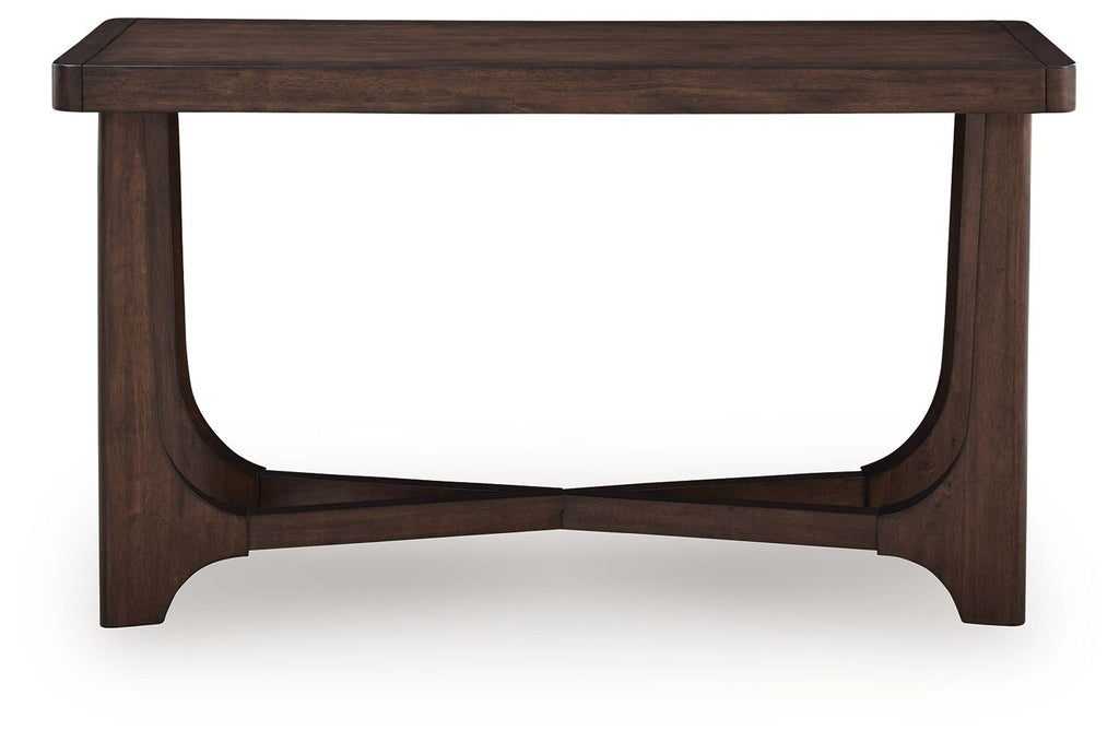 Dark brown rectangular cocktail table with open apron and curved supports