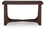 Dark brown rectangular cocktail table with open apron and curved supports
