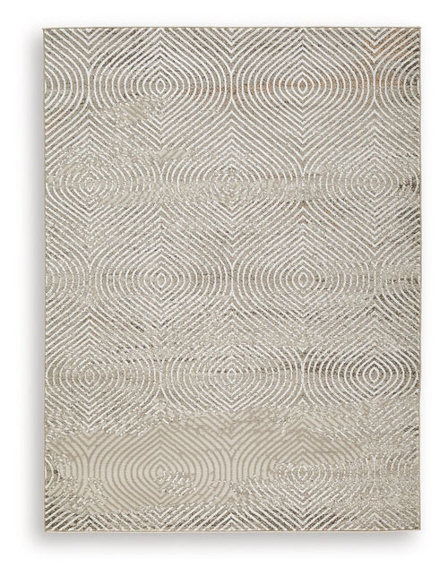 Beige rug with repeating concentric diamond geometric pattern, flatweave surface