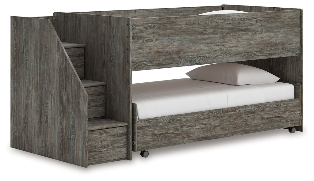 Gray twin-over-twin loft bed with ladder on left and enclosed platform, two mattresses