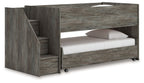 Gray twin-over-twin loft bed with ladder on left and enclosed platform, two mattresses