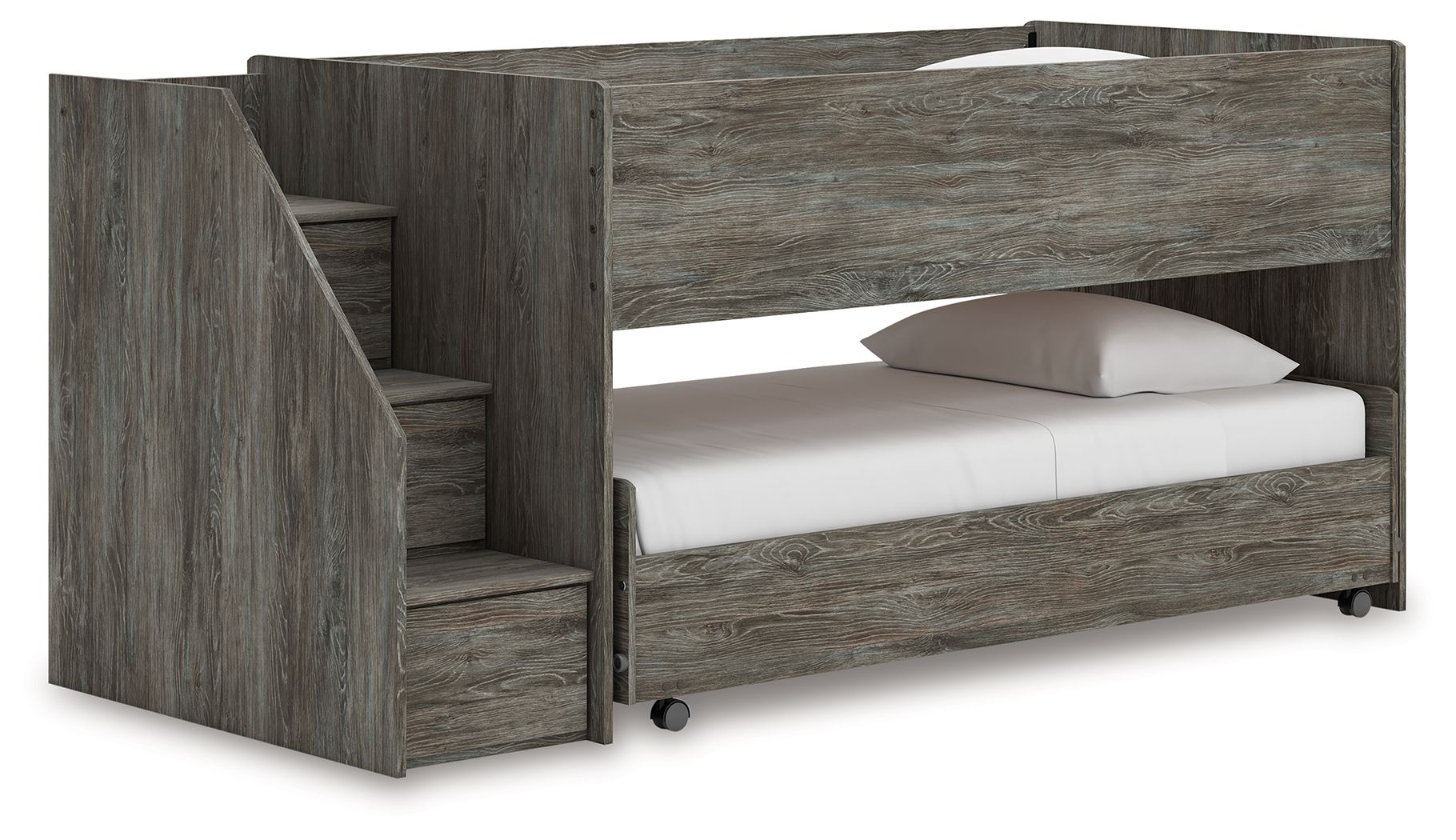 Gray twin-over-twin loft bed with ladder on left and enclosed platform, two mattresses