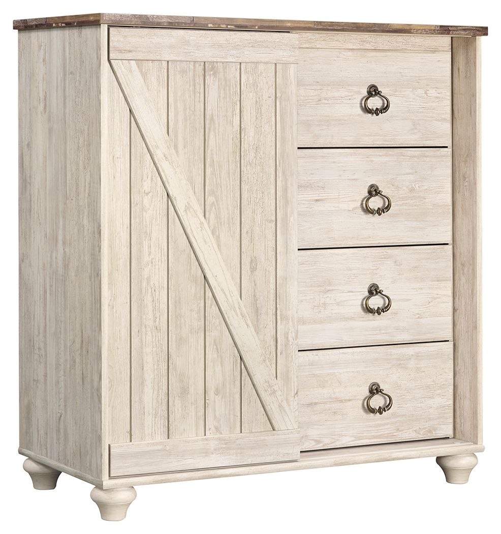 Whitewash dressing chest with four drawers and round knob pulls