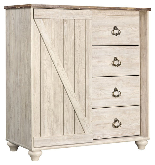 Whitewash dressing chest with four drawers and round knob pulls