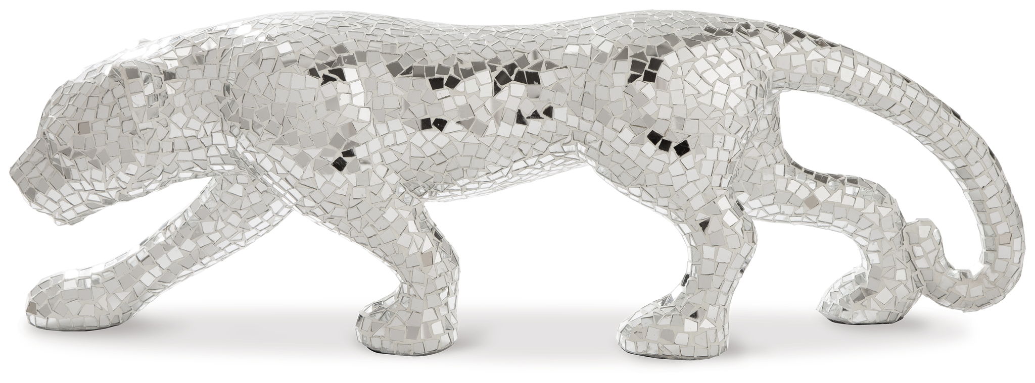 Silver-gray mosaic panther sculpture, crouched side view with curled tail.
