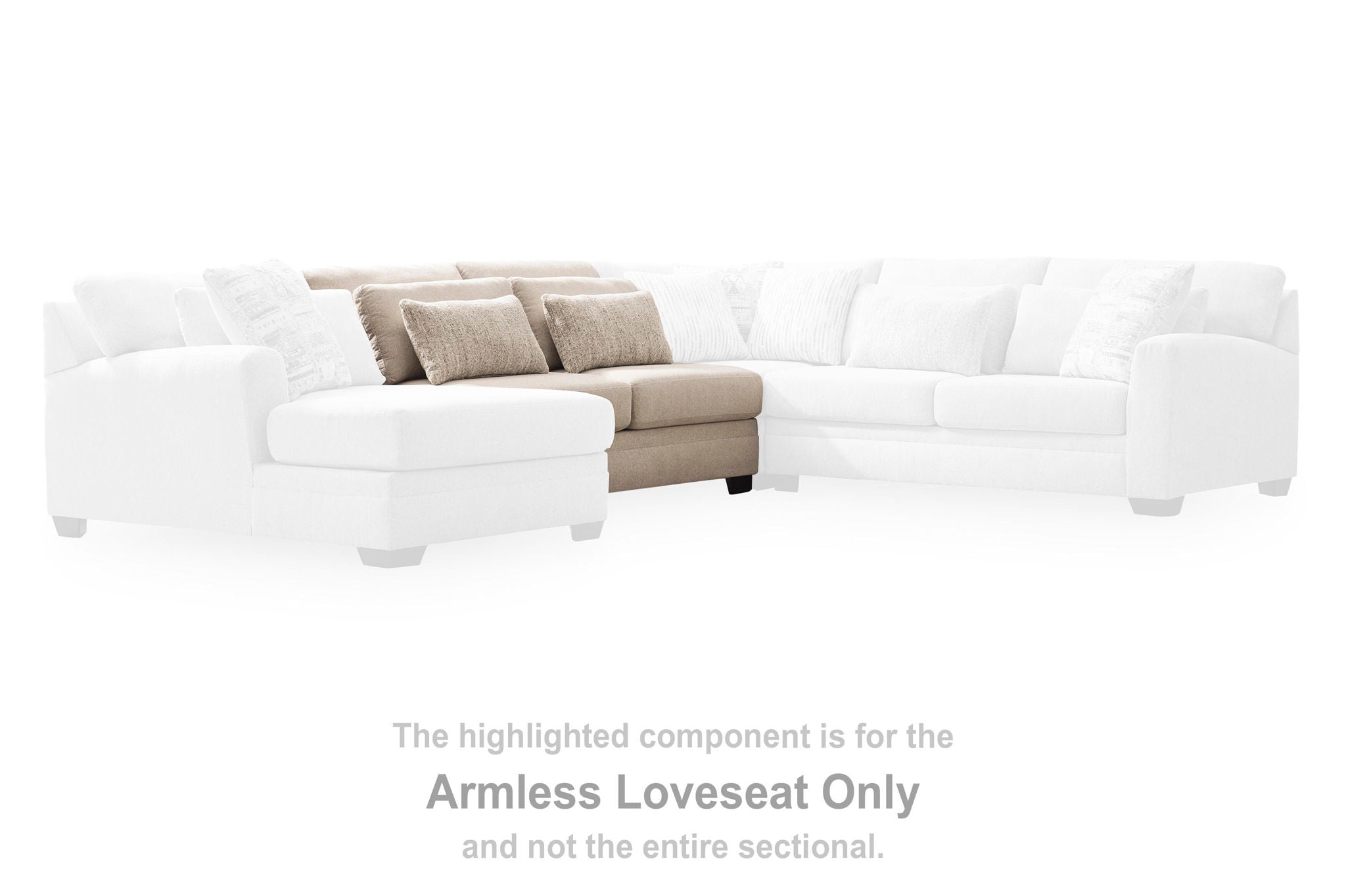 Armless loveseat component with light beige cushions inside a sectional