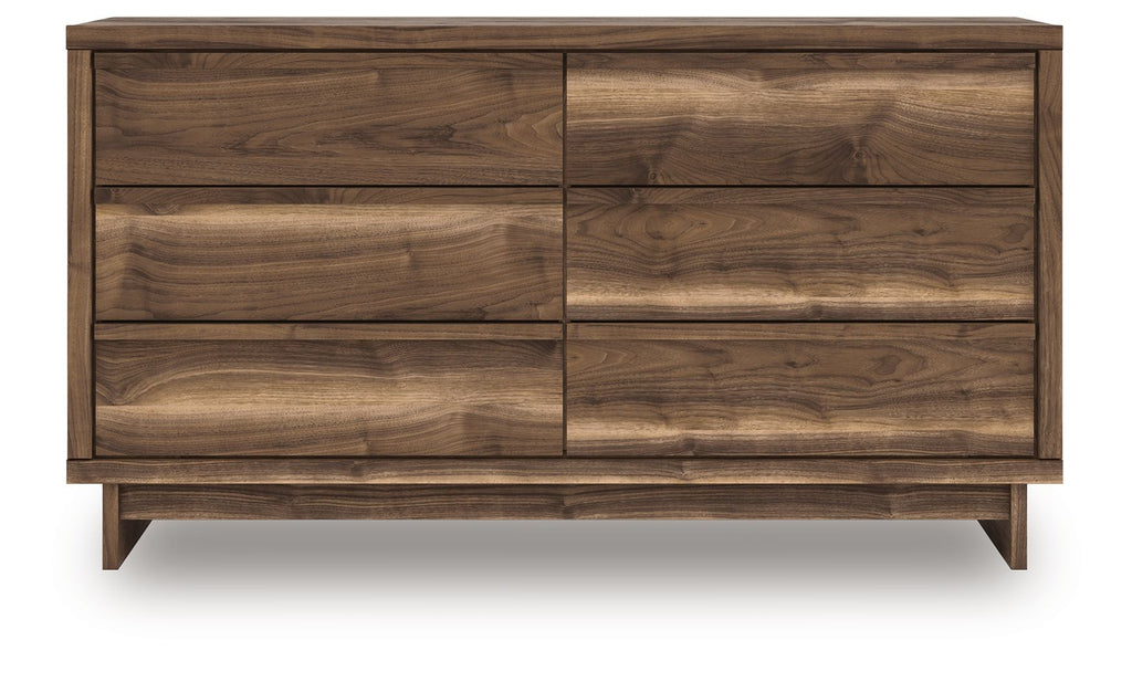 Six-drawer dresser in brown wood with six drawer fronts and tapered side legs