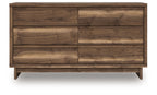 Six-drawer dresser in brown wood with six drawer fronts and tapered side legs