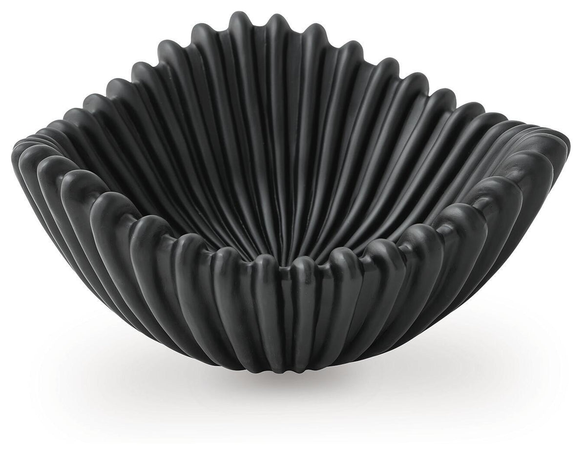 Black fluted serving bowl with fanlike ribbing and curled rim