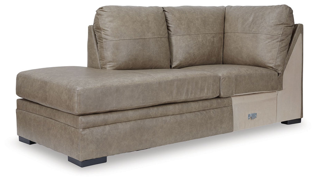 Beige corner chaise sofa with two back cushions and dark tapered legs.