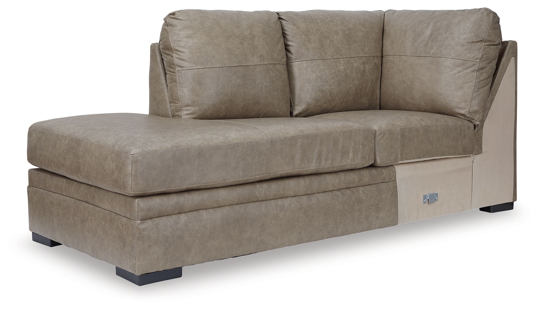 Beige corner chaise sofa with two back cushions and dark tapered legs.