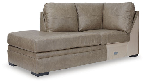 Beige corner chaise sofa with two back cushions and dark tapered legs.