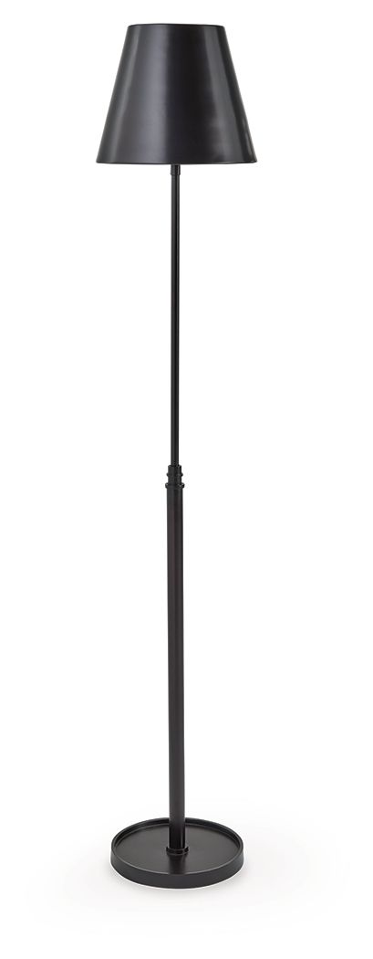 Black metal floor lamp with drum shade and round base
