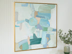 Framed abstract wall art with light blue, teal, and white blocks