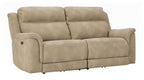 Power reclining sofa, sand beige upholstery, rounded arms and two back cushions