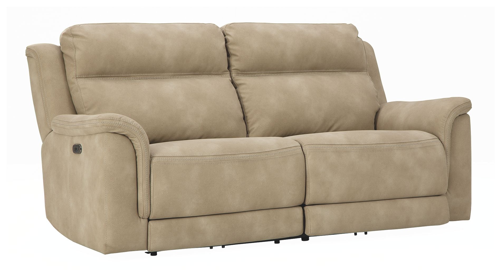 Power reclining sofa, sand beige upholstery, rounded arms and two back cushions