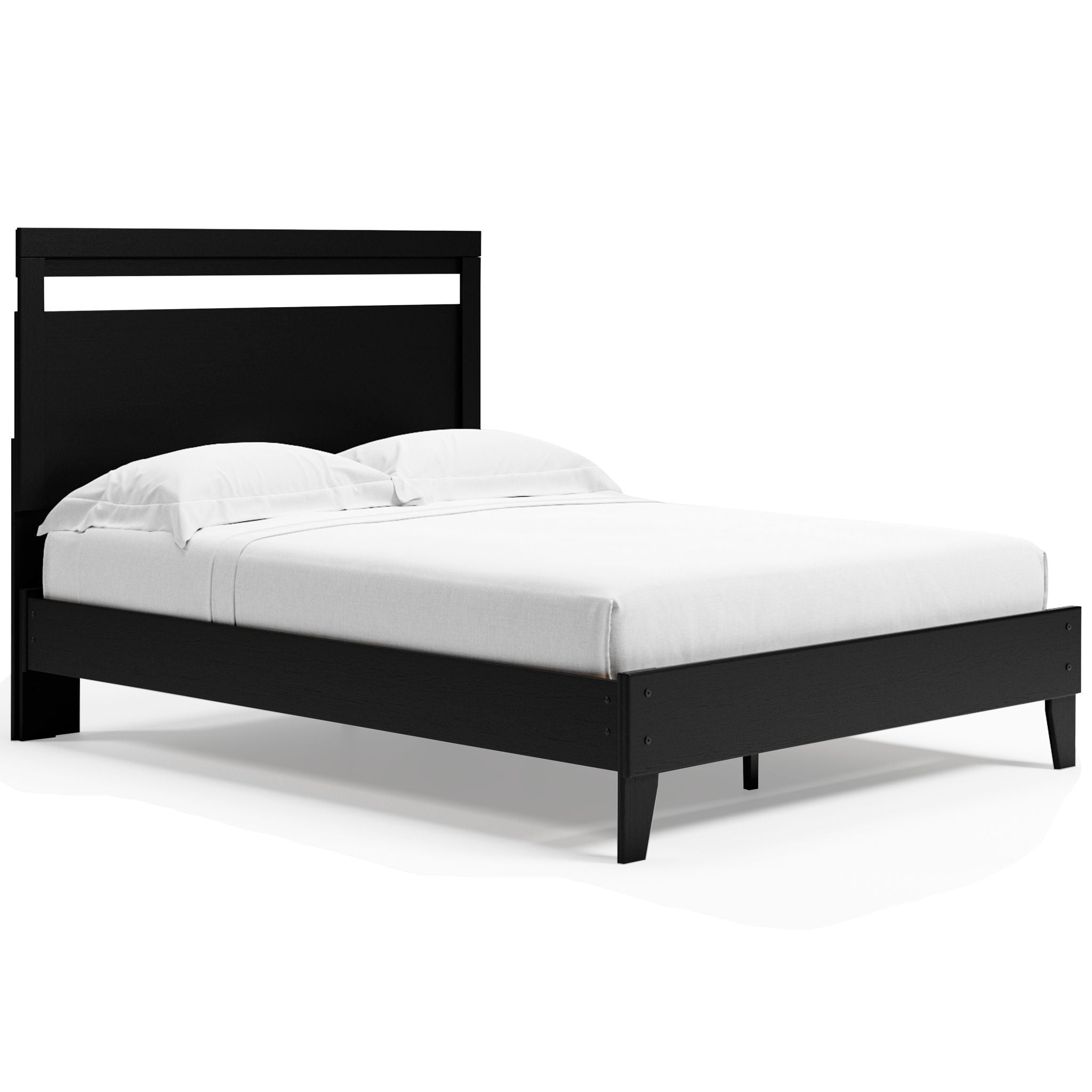 Finch panel platform bed in black with panel headboard and white upholstered bedding
