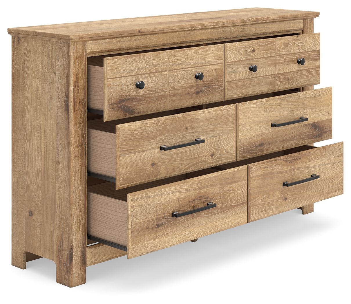 Light brown dresser with six drawers and black bar pulls, angled side view