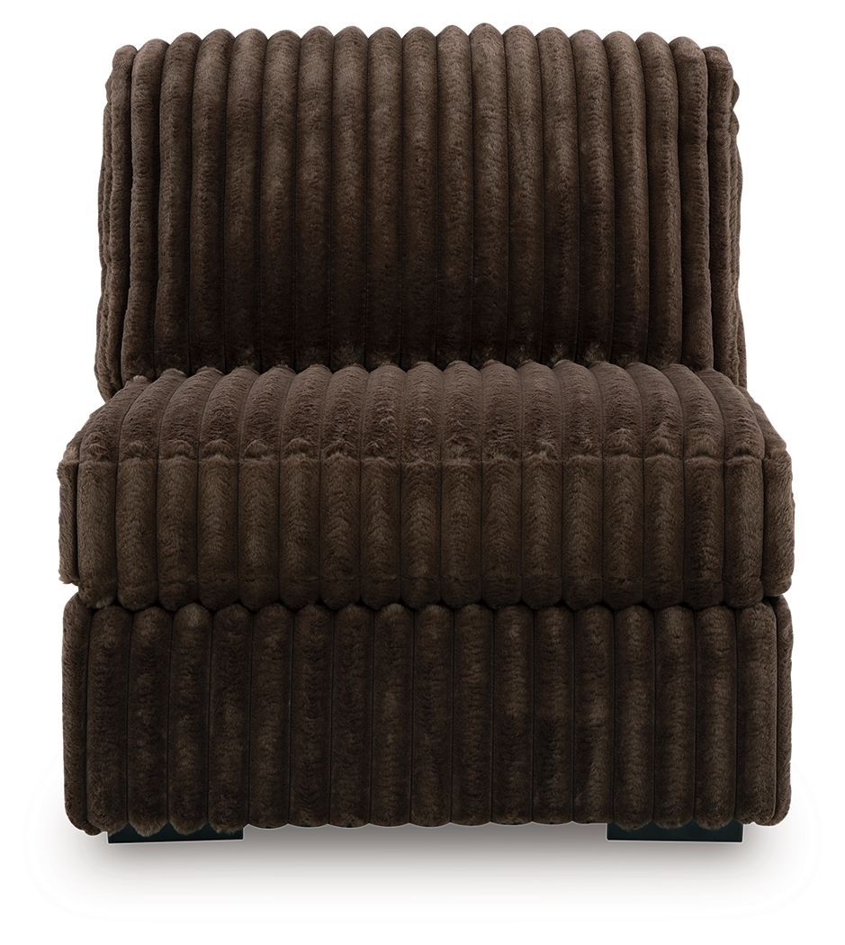 Chocolate-brown armless chair with channel-tufted cord upholstery and padded seat/back.