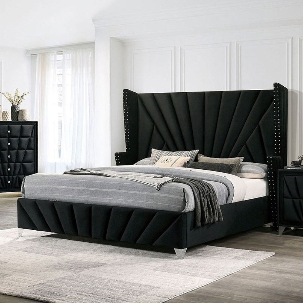 Unique Black Fabric Queen Wingback Bed Headboard Furniture