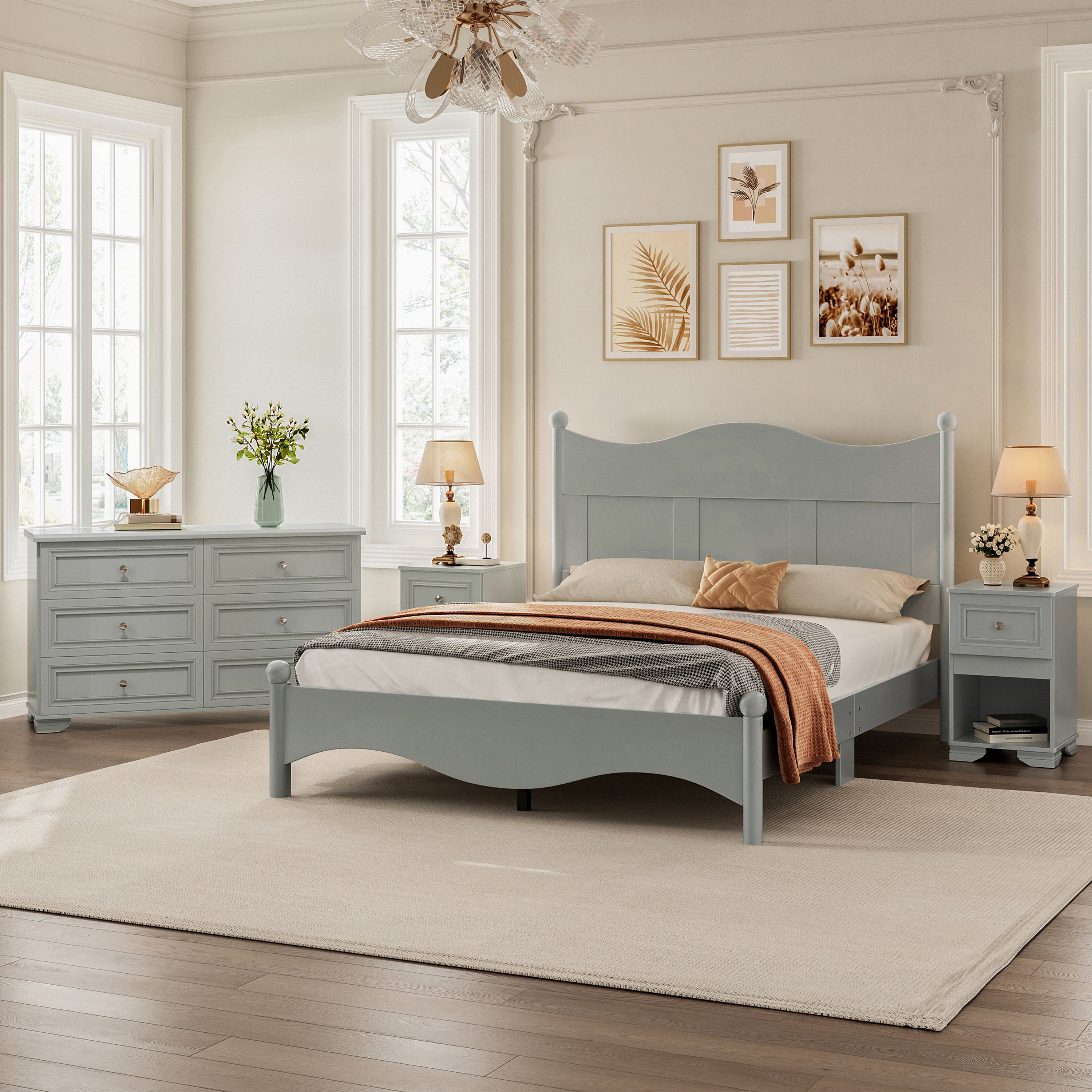 Retro Bedroom Set - Queen Bed, Nightstand, Dresser