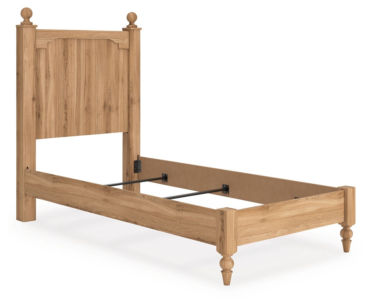 Light brown wooden panel bed with white mattress, open frame and slats