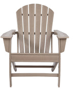 Outdoor Adirondack chair in light brown wood with slatted back, arm pads, and lower rack.