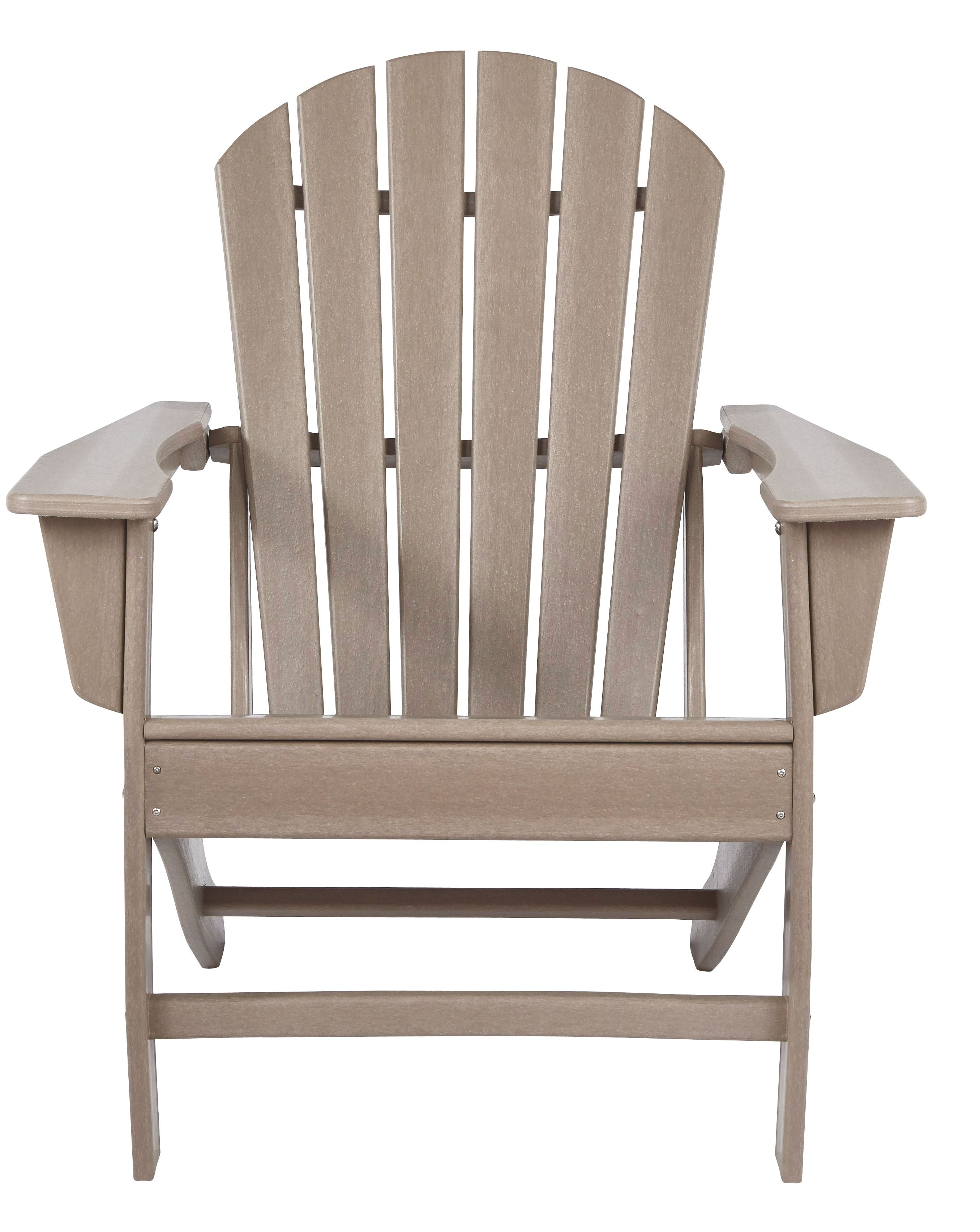 Outdoor Adirondack chair in light brown wood with slatted back, arm pads, and lower rack.