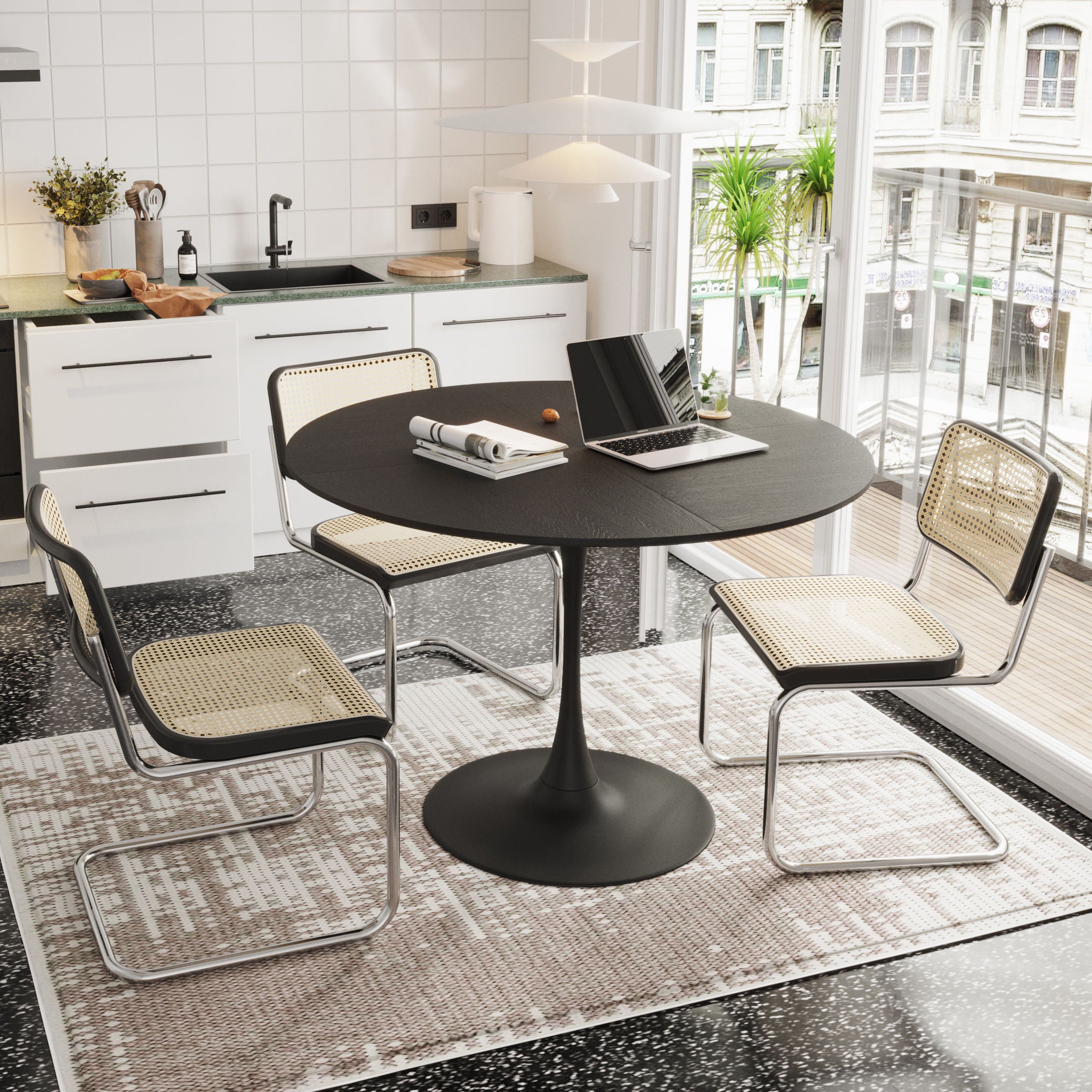 Modern Round Dining Table, Four Patchwork Tabletops With Black Color
