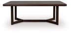 Dark brown rectangular extension dining table with open base and apron.