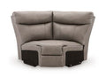 Wedge armchair with padded arms and dark side accents, gray upholstery.