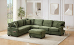 Green corduroy sectional sofa with ottoman, padded backrests and ribbed cushions