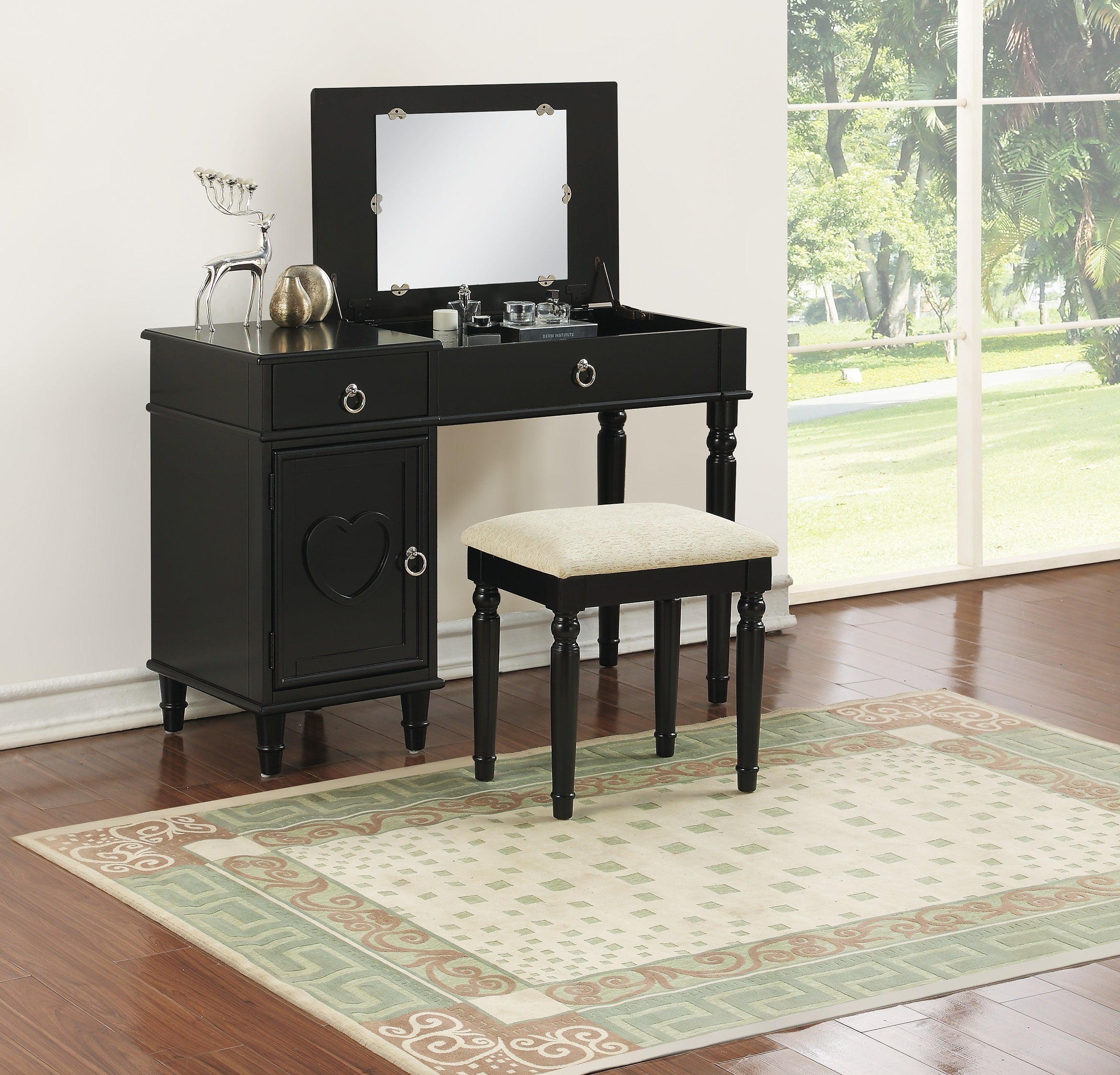 Black Bedroom Vanity Set w/ Stool, Mirror, Storage & Drawers