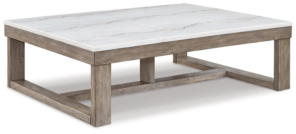 Rectangular cocktail table with white marble-look top and gray-brown wooden frame.