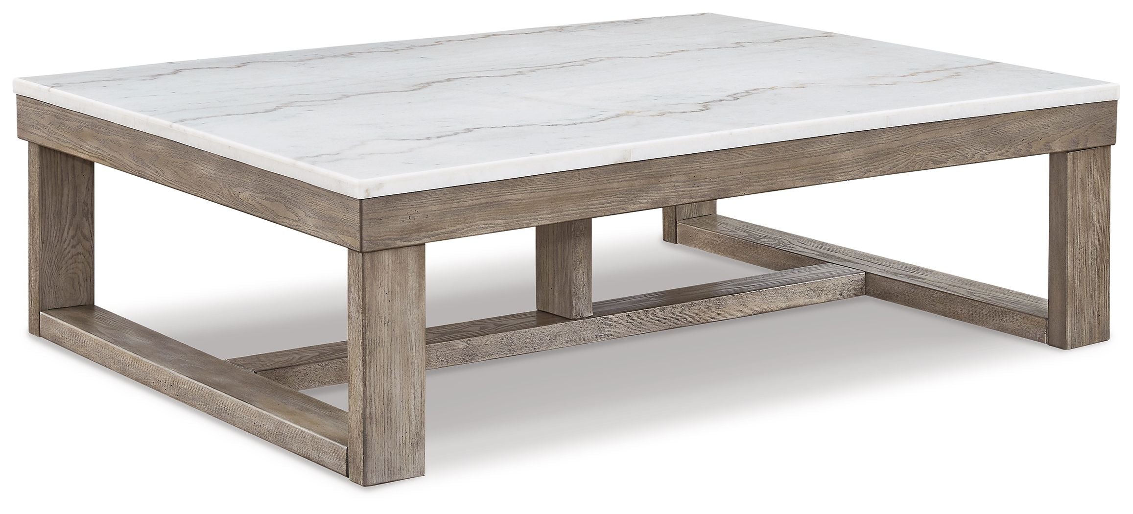 Rectangular cocktail table with white marble-look top and gray-brown wooden frame.