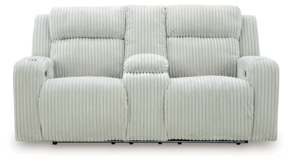 Power reclining loveseat with adjustable headrests, light gray ribbed upholstery, straight profile