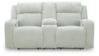 Power reclining loveseat with adjustable headrests, light gray ribbed upholstery, straight profile