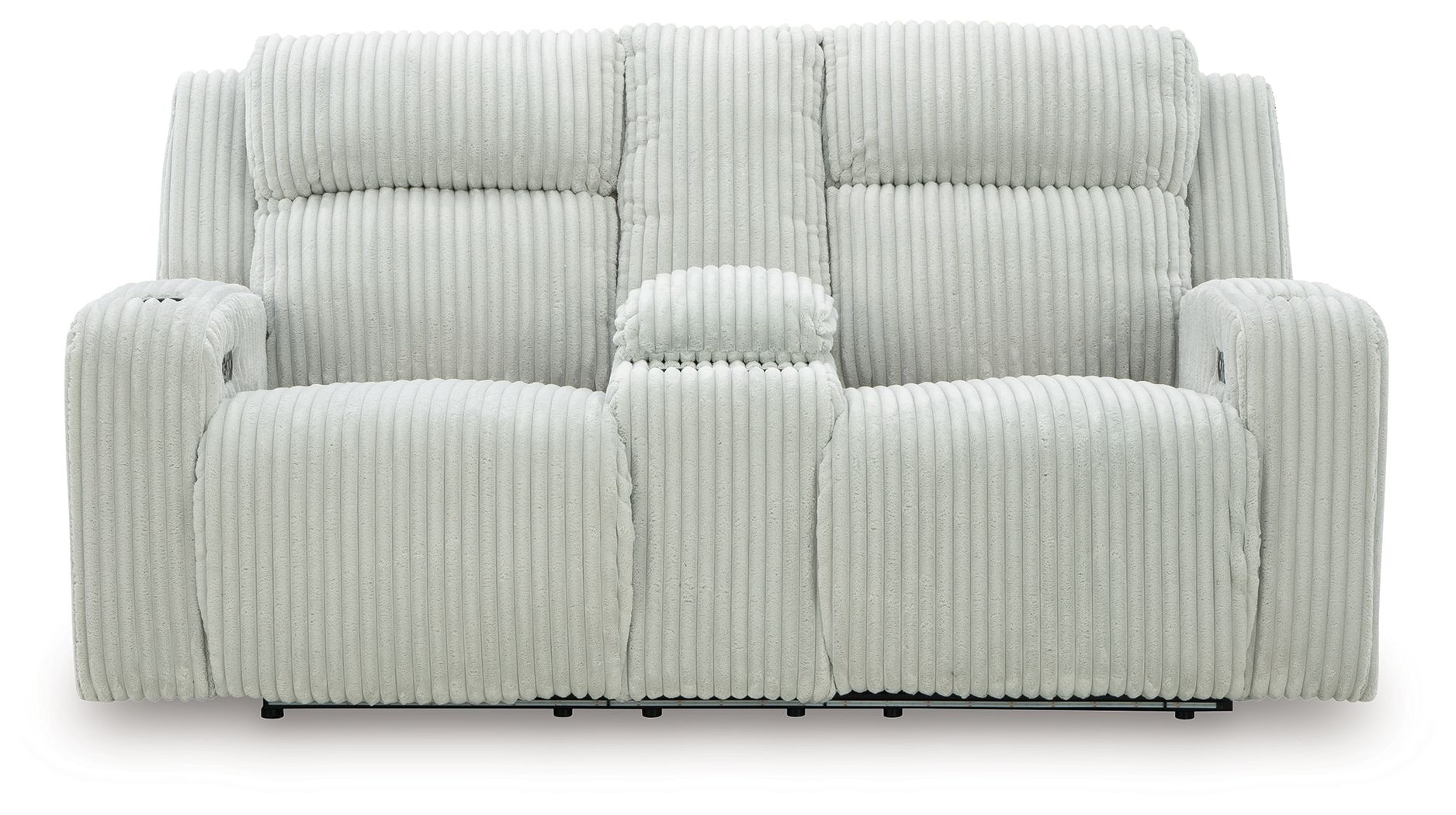 Power reclining loveseat with adjustable headrests, light gray ribbed upholstery, straight profile