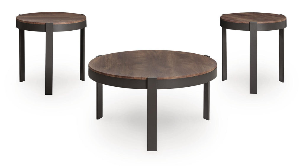 Three round occasional tables with brown tops and black legs, set view