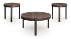 Three round occasional tables with brown tops and black legs, set view