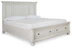 White panel storage bed with two drawers and panel headboard, turned feet
