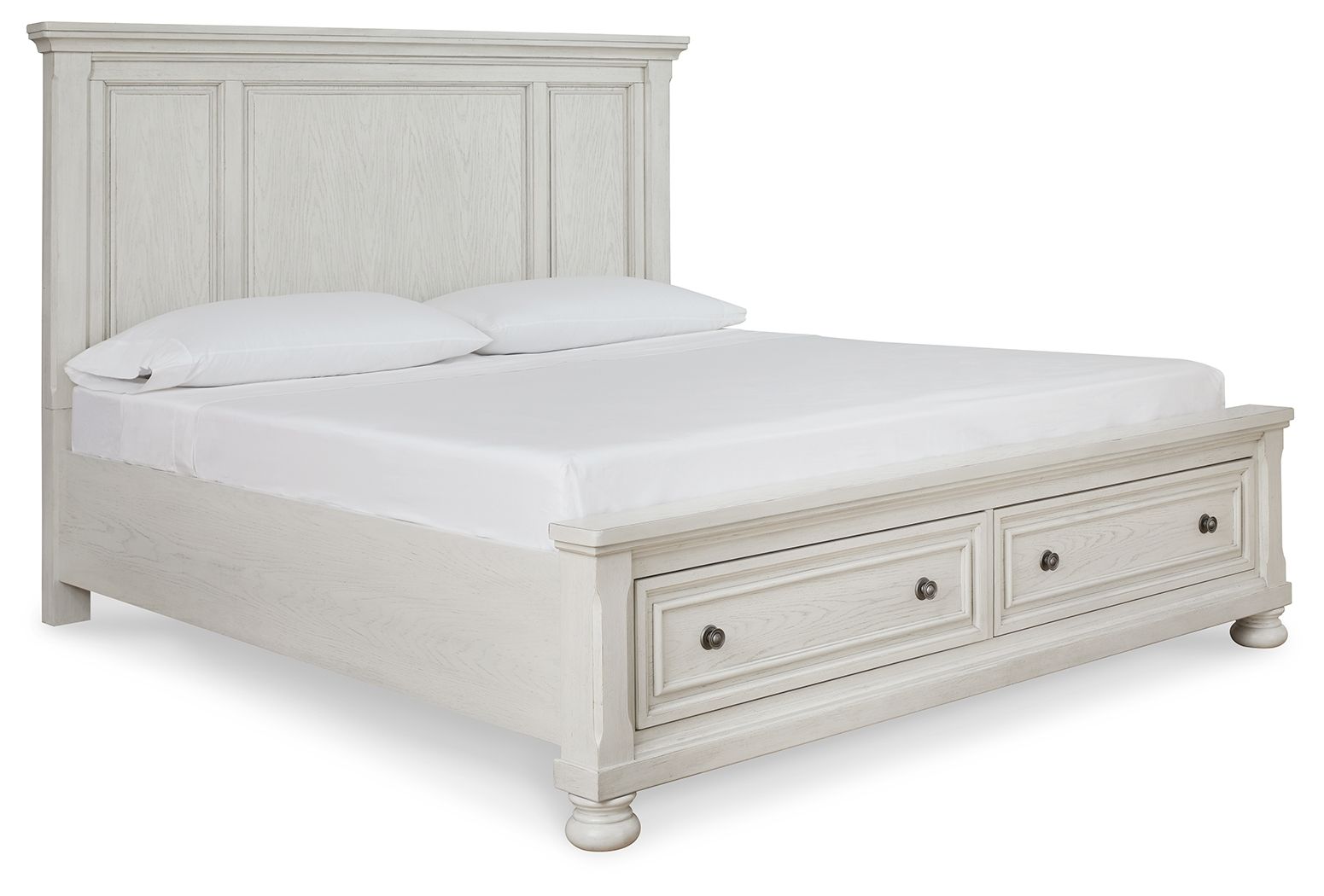 White panel storage bed with two drawers and panel headboard, turned feet