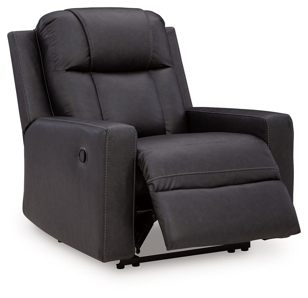 Dark charcoal zero-wall recliner with recline footrest, padded arms, and oval arm detail