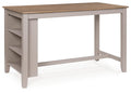 Rectangular dining counter table with natural wood top and gray open side shelves