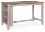 Rectangular dining counter table with natural wood top and gray open side shelves