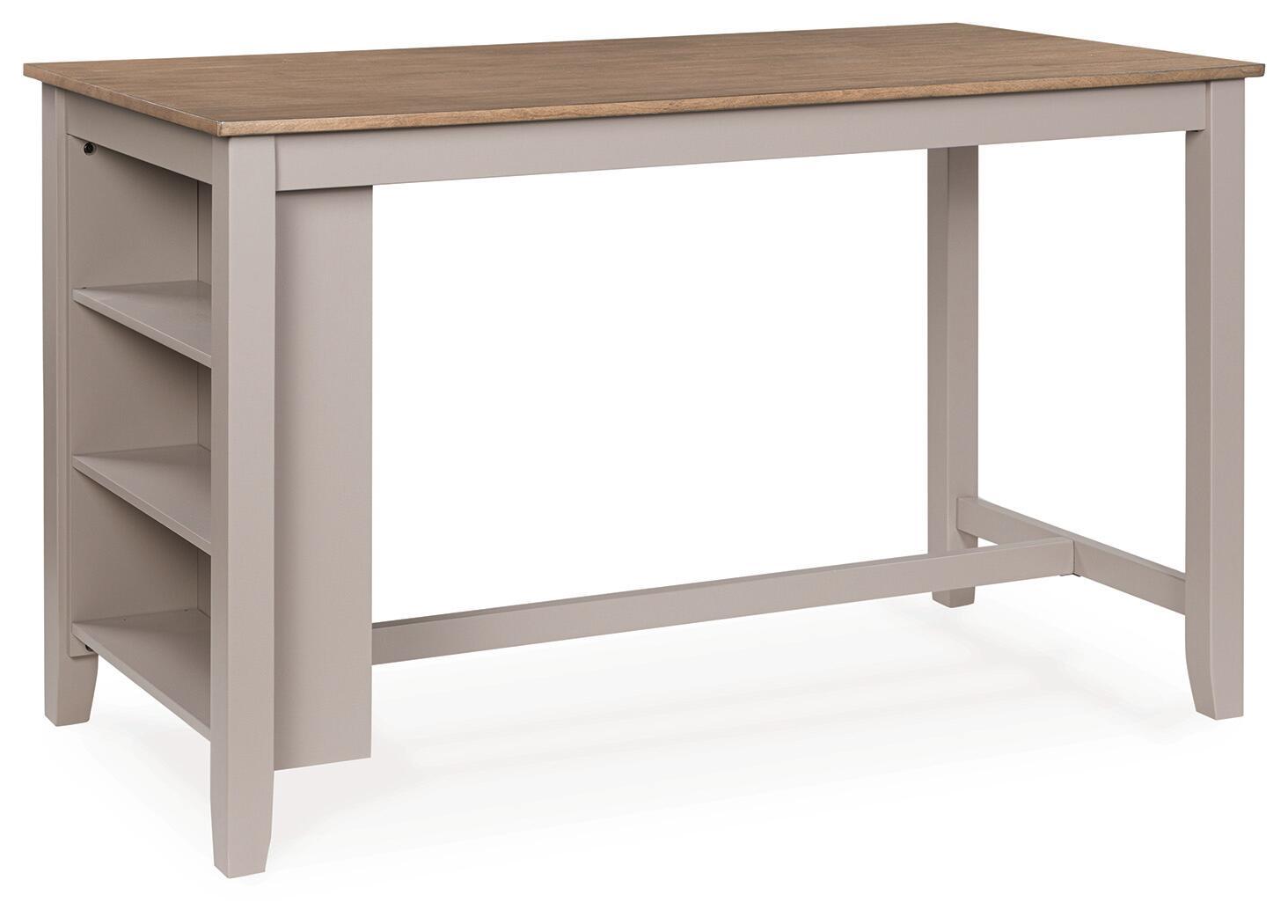 Rectangular dining counter table with natural wood top and gray open side shelves