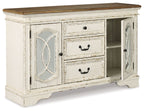 Chipped white server with open right door, arched glass panel, and stacked drawers