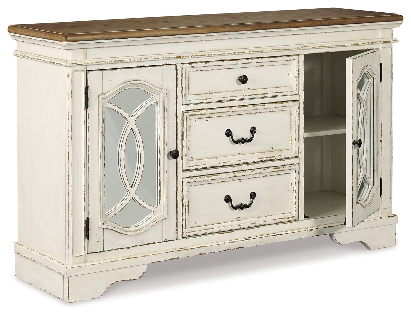 Chipped white server with open right door, arched glass panel, and stacked drawers