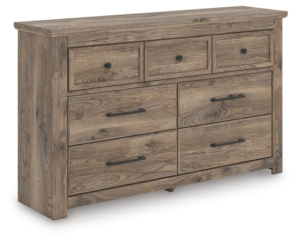 Light brown rustic dresser with seven drawers and metal bar pulls
