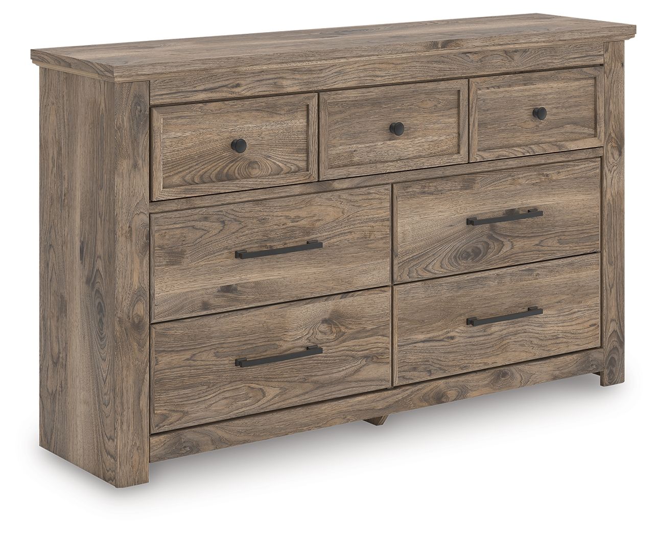 Light brown rustic dresser with seven drawers and metal bar pulls